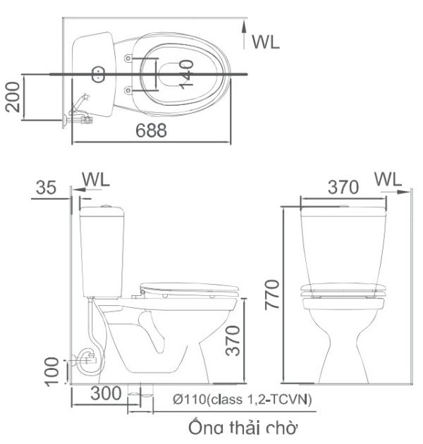 Bản vẽ bồn cầu inax c-108van 2 khối