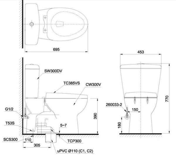 Bản vẽ kỹ thuật bồn cầu toto cs300dt3y1