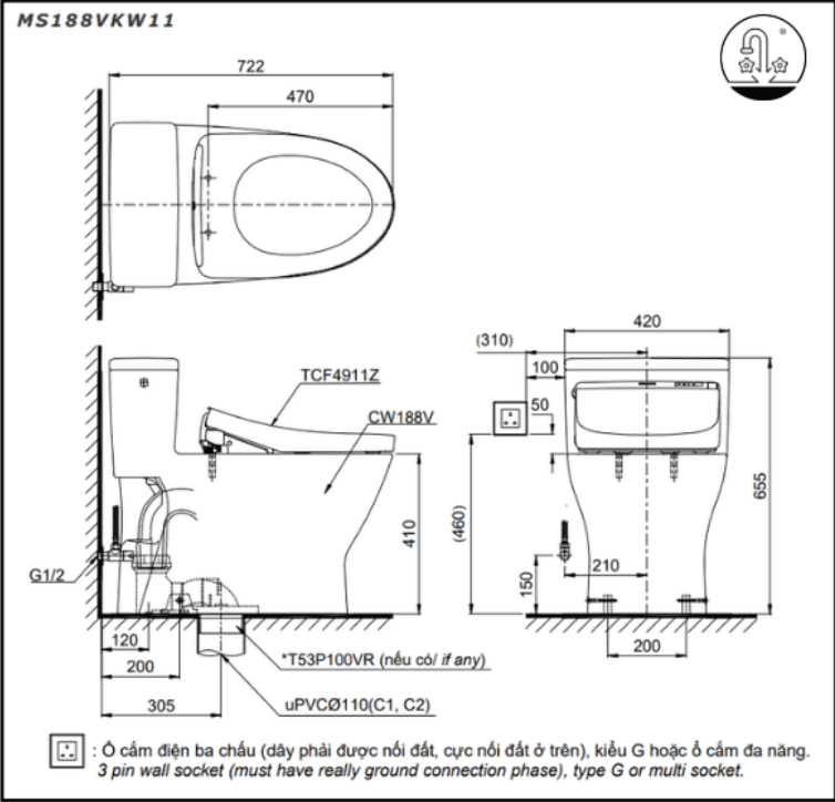 Bồn cầu điện tử TOTO MS188VKW11