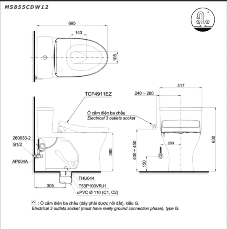 Bồn cầu điện tử ToTo MS855CDW12