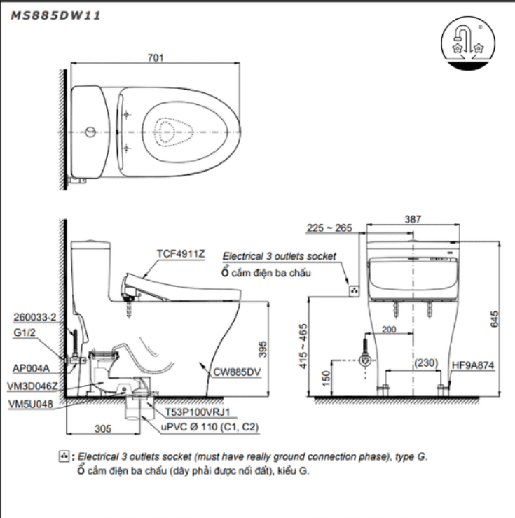 bồn cầu nắp điện tử TOTO MS885DW11