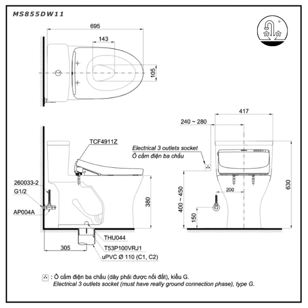 bản vẽ Bồn cầu thông minh ToTo MS855DW11