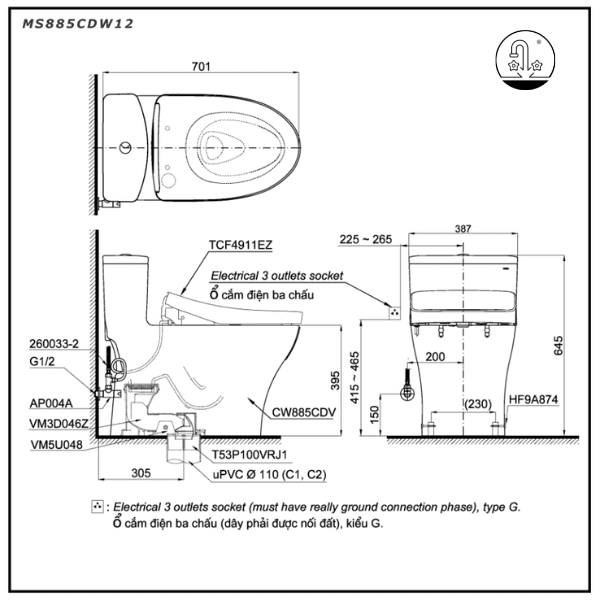 bảng vẽ bồn cầu toto ms885cdw12