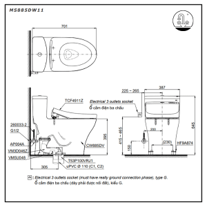 bản vẽ Bồn Cầu Điện Tử TOTO MS885DW11 Nắp Tự Động Đóng Mở