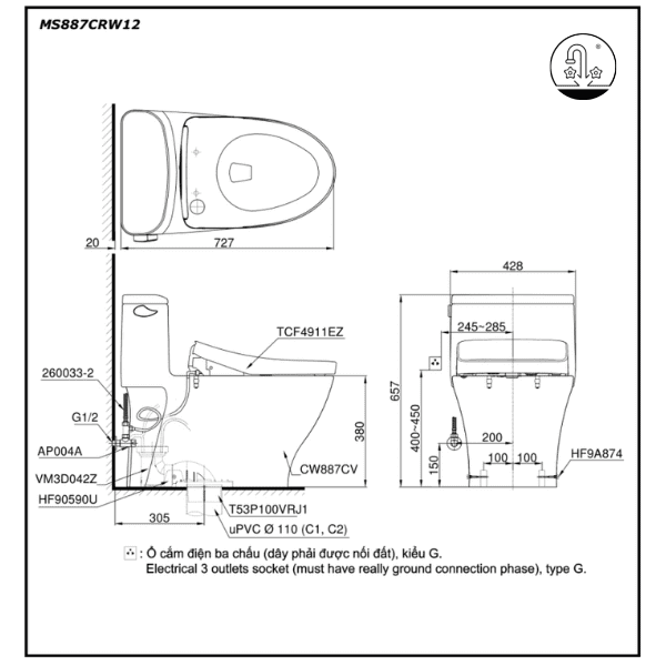 bảng vẽ bồn cầu thông minh toto ms887crw12