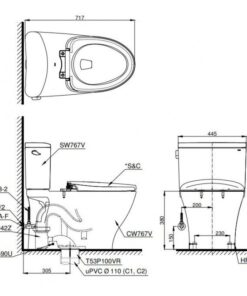 bản vẽ Bồn Cầu Điện Tử TOTO CS767CRW12 (CS767CW12) Nắp Washlet Giấu Dây