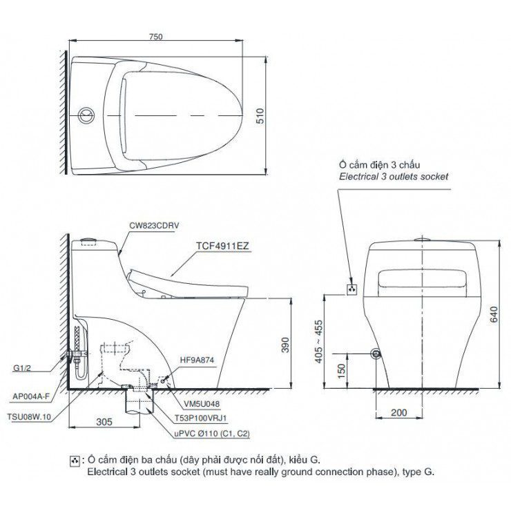 bản vẽ bồn cầu MS823CDRW12#XW