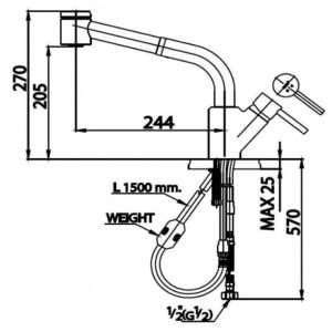 bản vẽ Vòi bếp COTTO CT2078A Nóng Lạnh , Có Dây Rút