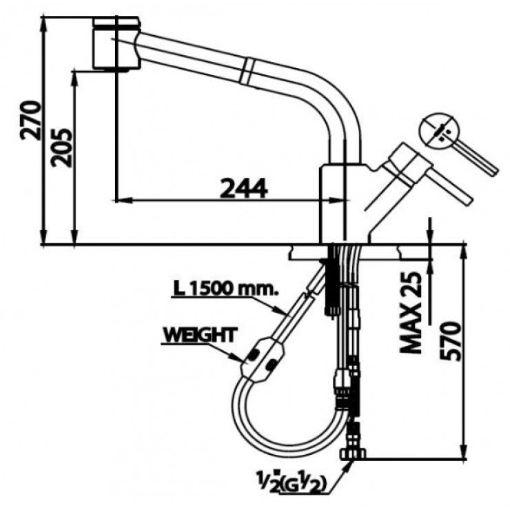 bản vẽ Vòi bếp COTTO CT2078A Nóng Lạnh , Có Dây Rút