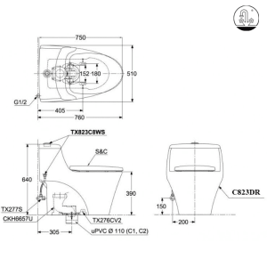 bản vẽ Bồn Cầu Điện Tử TOTO MS823DRW11