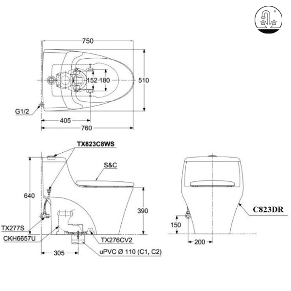 bản vẽ Bồn Cầu Điện Tử TOTO MS823DRW11