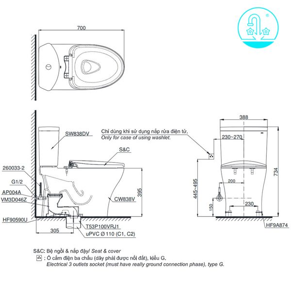 bồn cầu TOTO 2 khối CS838DT3
