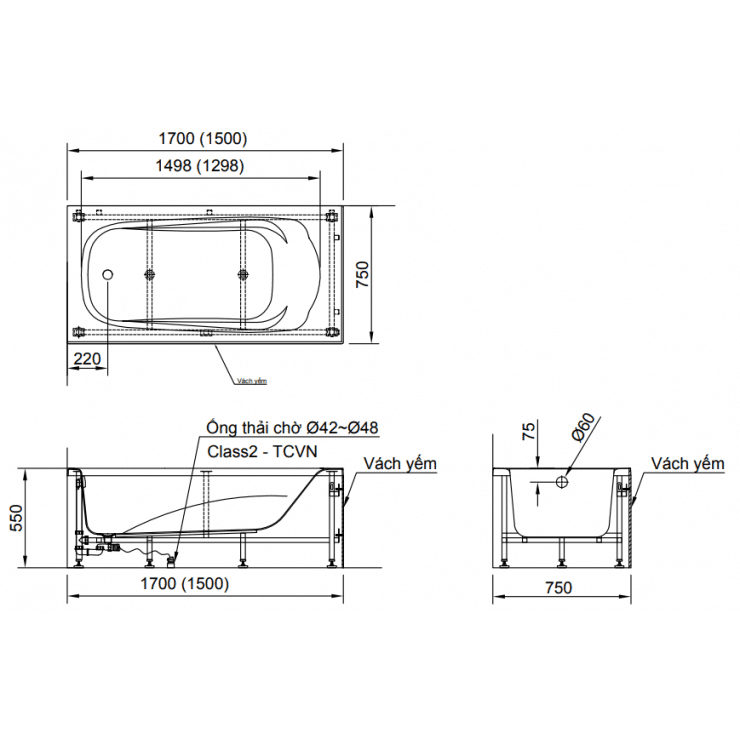 Bồn Tắm INAX FBV-1502SR Chân Yếm Phải 1.5M