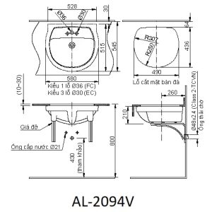 Bản vẽ kỹ thuật Chậu rửa lavabo âm bàn INAX AL-2094VEC