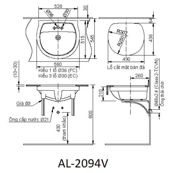 Bản vẽ kỹ thuật Chậu rửa lavabo âm bàn INAX AL-2094VEC