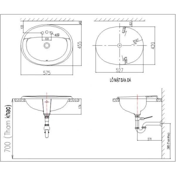 Bản vẽ kỹ thuật Chậu rửa lavabo âm bàn INAX AL-2395VFC