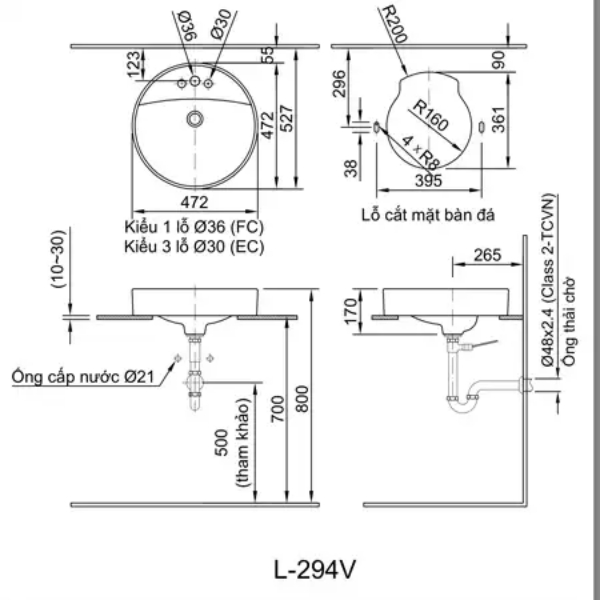 Bản vẽ kỹ thuật Chậu rửa lavabo đặt bàn INAX AL-294VEC