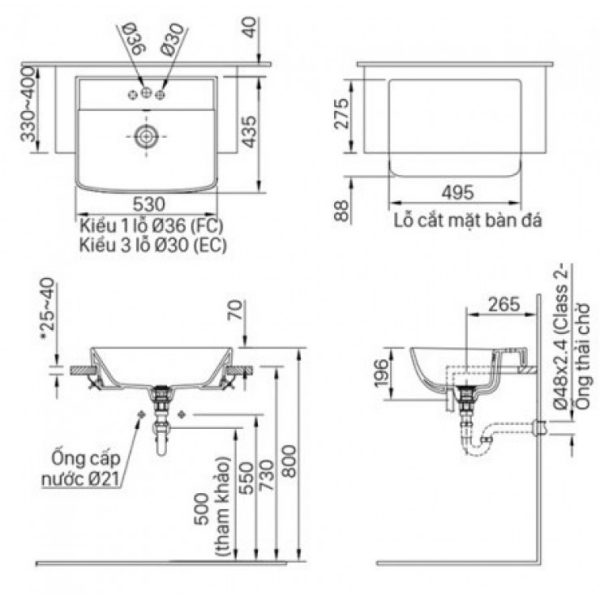 Bản vẽ kỹ thuật Chậu rửa lavabo đặt bàn INAX AL-345VEC
