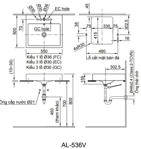 Bản vẽ kỹ thuật Chậu rửa lavabo đặt bàn INAX AL-536VGC