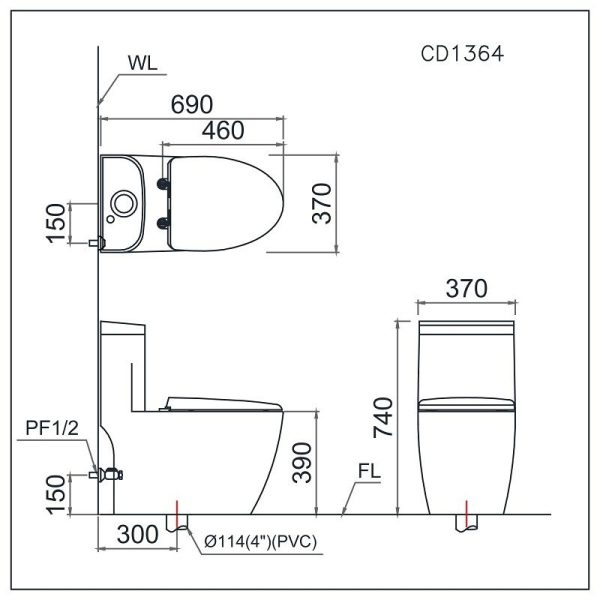 Bản vẽ Bồn cầu 1 khối nắp điện tử Caesar C1364F/TAF512H