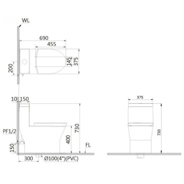 Bản vẽ Bồn cầu 1 khối nắp điện tử Caesar C1374F/TAF512H