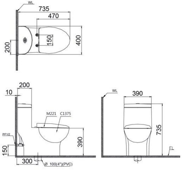 Bản vẽ Bồn cầu 1 khối nắp điện tử Caesar C1375F/TAF400H