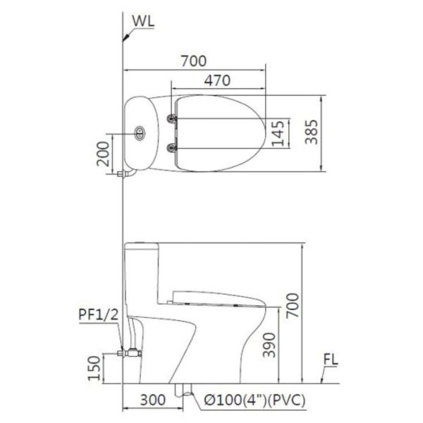 Bản vẽ Bồn cầu 1 khối nắp điện tử Caesar C1394F/TAF512H