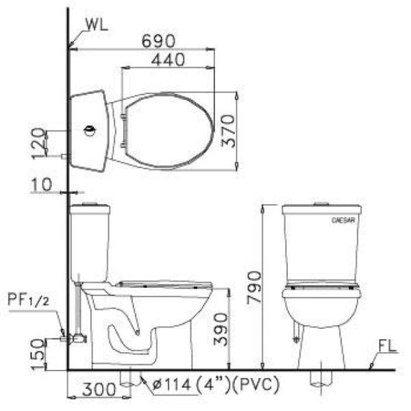 Bồn cầu 2 khối nắp cơ Caesar CD1325/TAF060