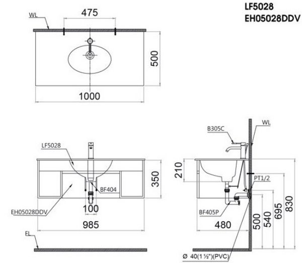 Bản vẽ kỹ thuật Tủ lavabo Caesar EH05028DDV