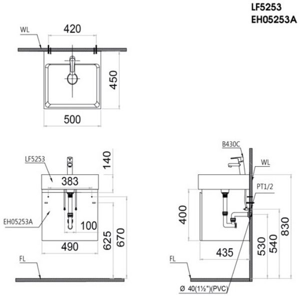 Bản vẽ kỹ thuật Tủ lavabo Caesar EH05253AV
