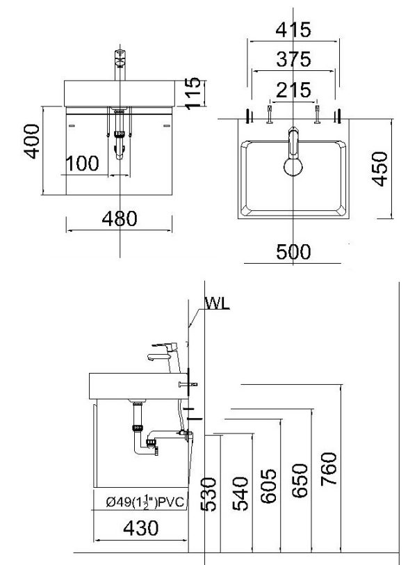 Bản vẽ kỹ thuật Tủ lavabo Caesar EH05253AWV