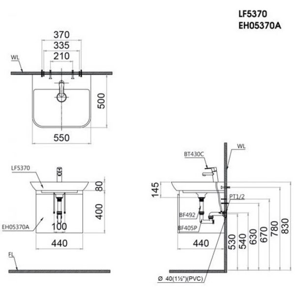 Bản vẽ kỹ thuật Tủ lavabo Caesar EH05370AV