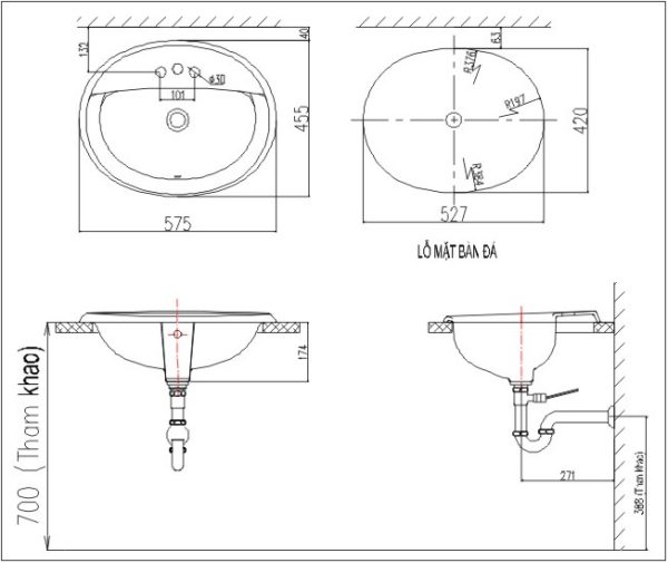 Bản vẽ kỹ thuật Chậu rửa lavabo âm bàn INAX L-2395VFC