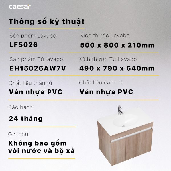 Thông số kỹ thuật Bộ tủ lavabo Caesar LF5026/EH15026AW7V