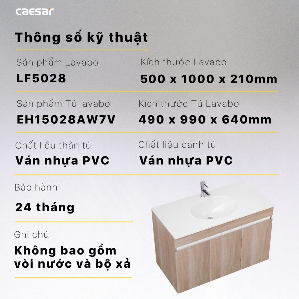 Thông số kỹ thuật Bộ tủ lavabo Caesar LF5028/EH15028AW7V