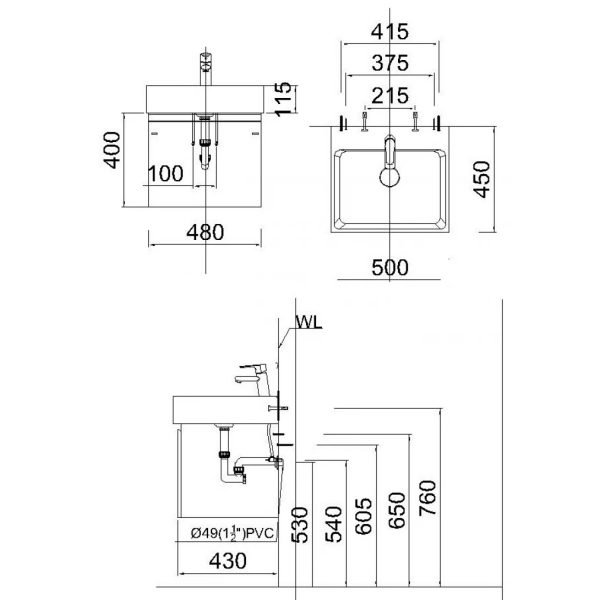 Bản vẽ kỹ thuật Bộ tủ lavabo Caesar LF5253/EH05253AWV
