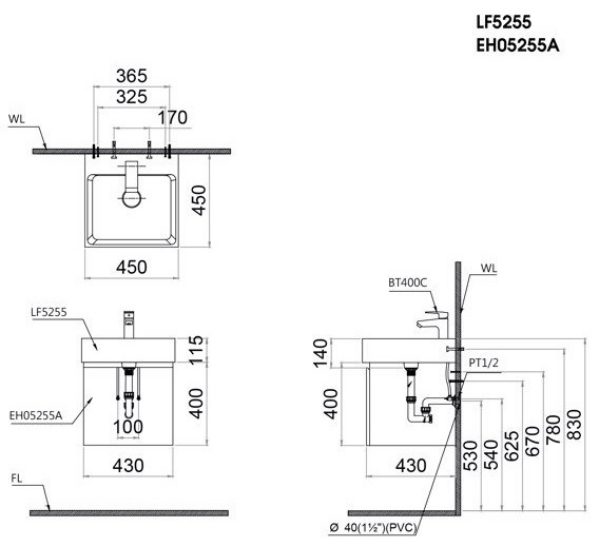 Bản vẽ kỹ thuật Bộ tủ lavabo Caesar LF5255/EH05255AV