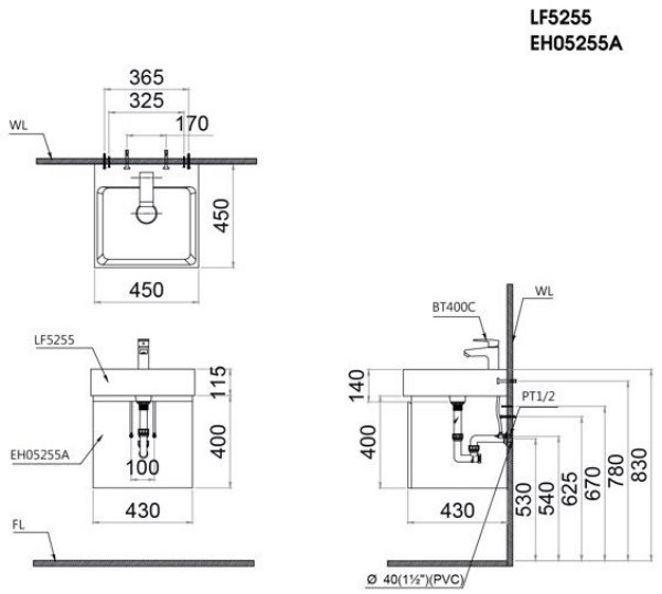 Bản vẽ kỹ thuật Bộ tủ lavabo Caesar LF5255/EH05255AWV