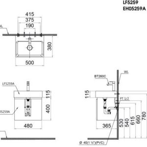 Bản vẽ kỹ thuật Bộ tủ lavabo Caesar LF5259/EH05259ATGV