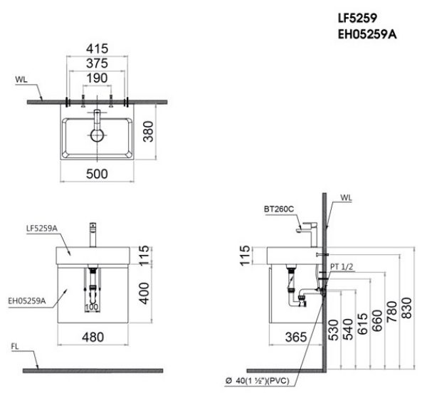 Bản vẽ kỹ thuật Bộ tủ lavabo Caesar LF5259/EH05259AV