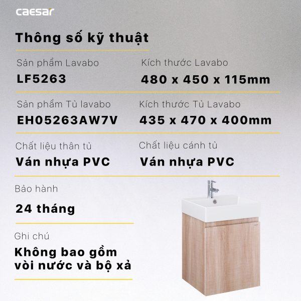 Thông số kỹ thuật Bộ tủ lavabo Caesar LF5263/EH05263AW7V