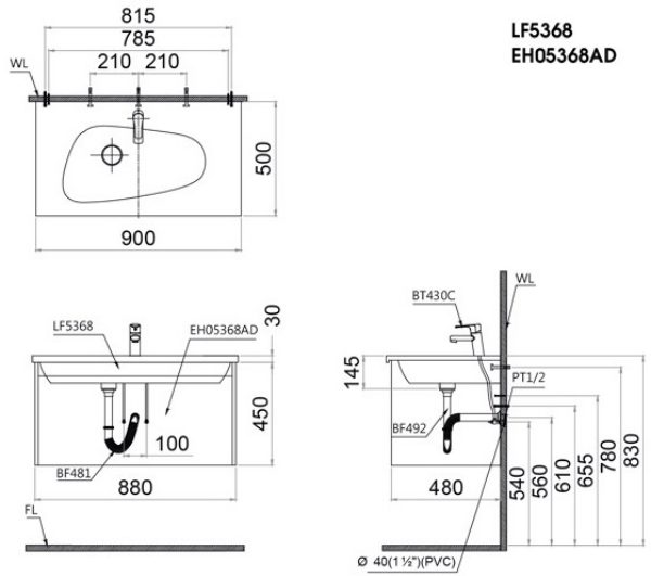Bản vẽ kỹ thuật Bộ tủ lavabo Caesar LF5368/EH05368ADV
