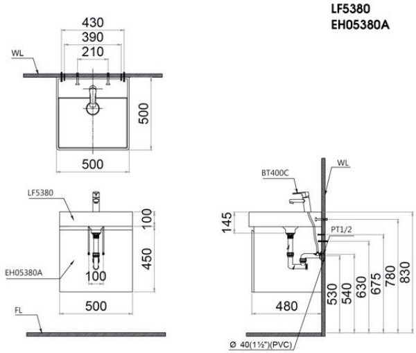 Bản vẽ kỹ thuật Bộ tủ lavabo Caesar LF5380/EH05380AV