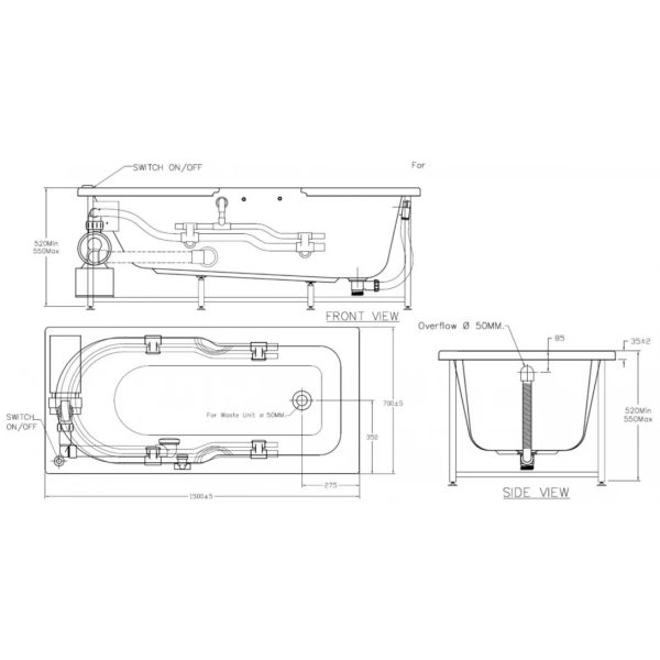 Bản vẽ kỹ thuật Bồn tắm thủy lực American Standard 7240100-WT