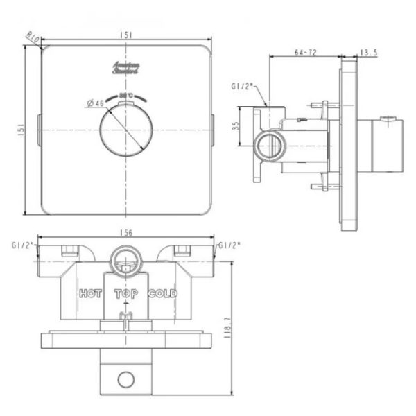 Bản vẽ Bộ trộn nhiệt độ âm tường EasySET American Standard FFAS0930WS